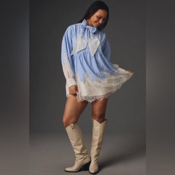 Anthropologie Maeve V-Neck Lace Twofer Mini Shirt Dress Size 14 - Picture 7 of 11